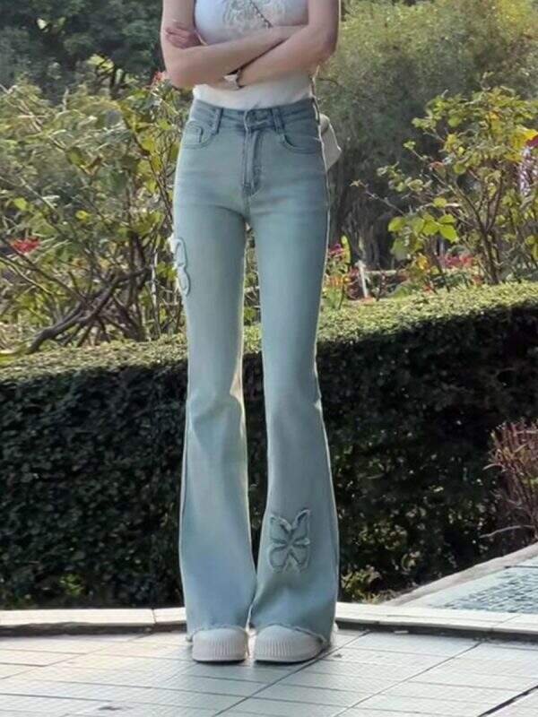 Retro butterfly high waisted denim pants - Image 1