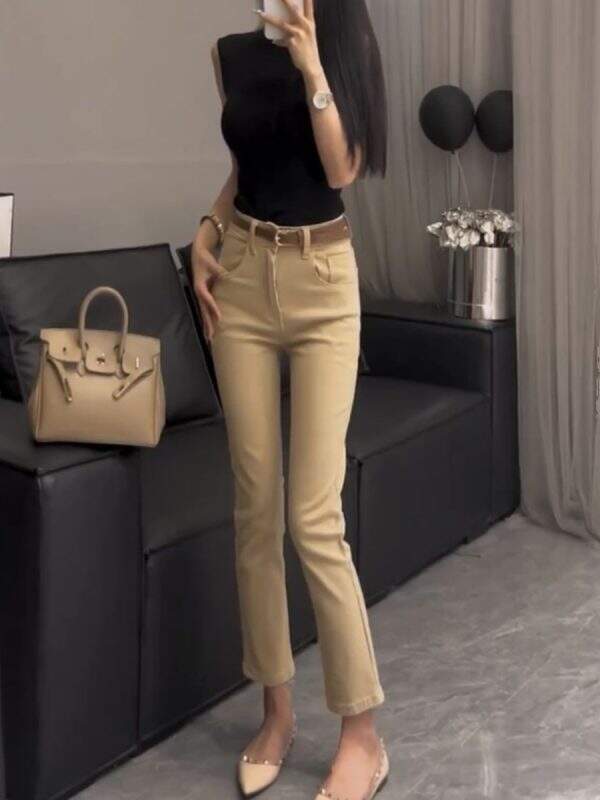 Khaki cropped straight leg jeans - Image 5
