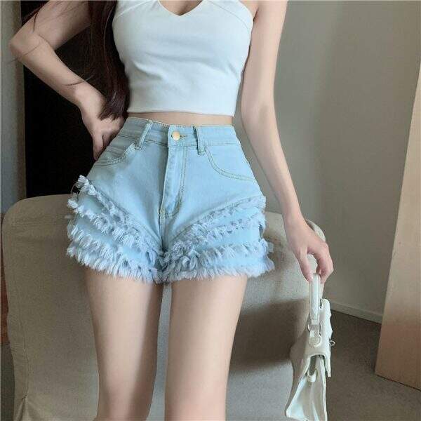 High-waisted denim shorts - Image 1