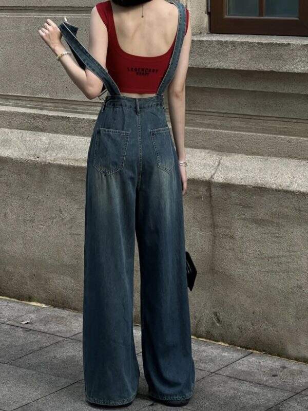 Fashionable hot girl ripped denim overalls - Image 2