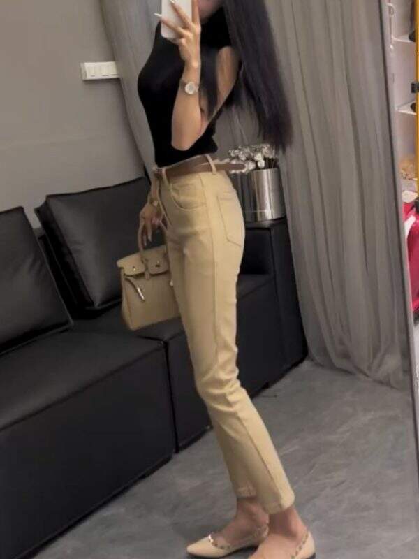 Khaki cropped straight leg jeans - Image 2