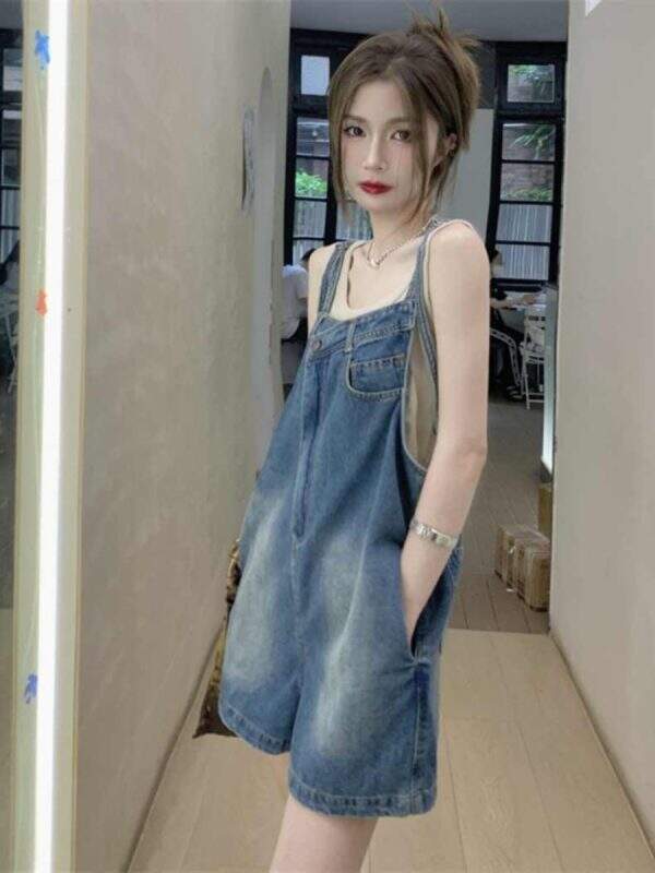 Irregular retro blue denim overalls shorts - Image 5