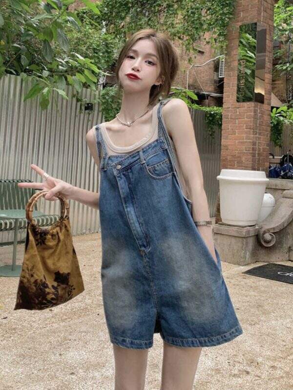 Irregular retro blue denim overalls shorts - Image 1