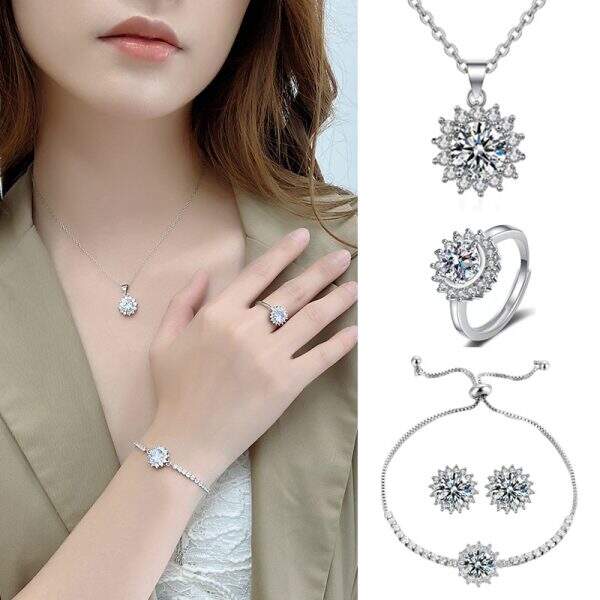 Sunflower diamond necklace ring earrings - Image 1