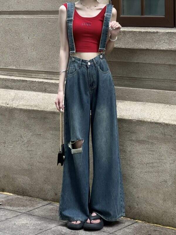 Fashionable hot girl ripped denim overalls - Image 1