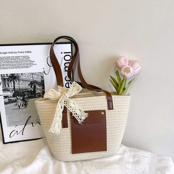 Straw woven tote bag - Image 1