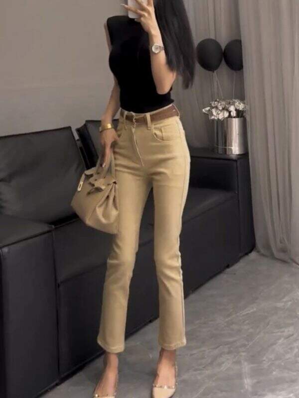 Khaki cropped straight leg jeans - Image 4