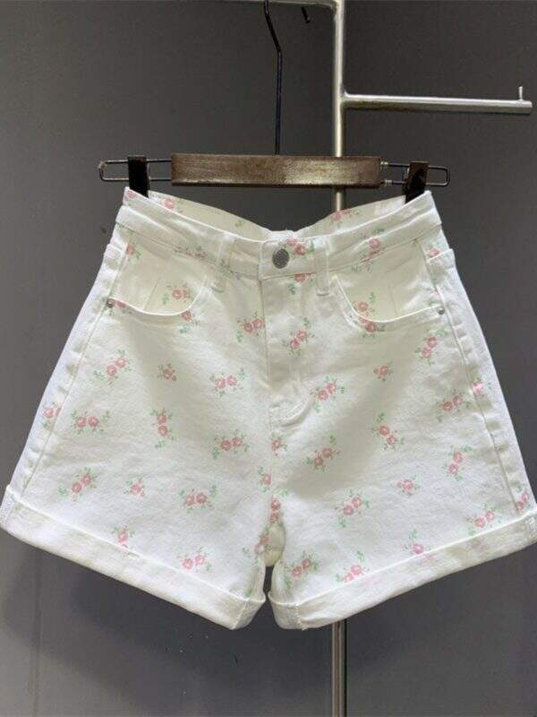 White floral flared denim shorts - Image 1