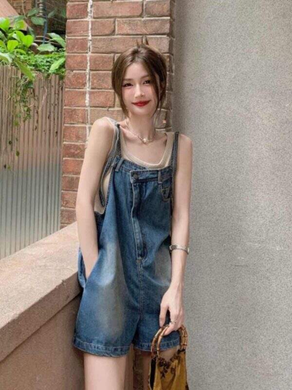Irregular retro blue denim overalls shorts - Image 3