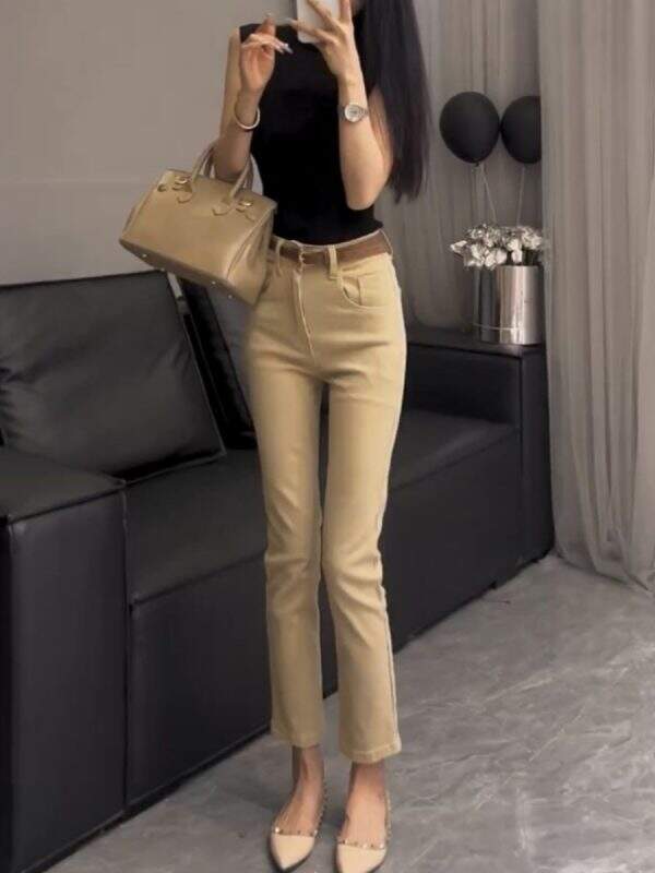 Khaki cropped straight leg jeans - Image 1