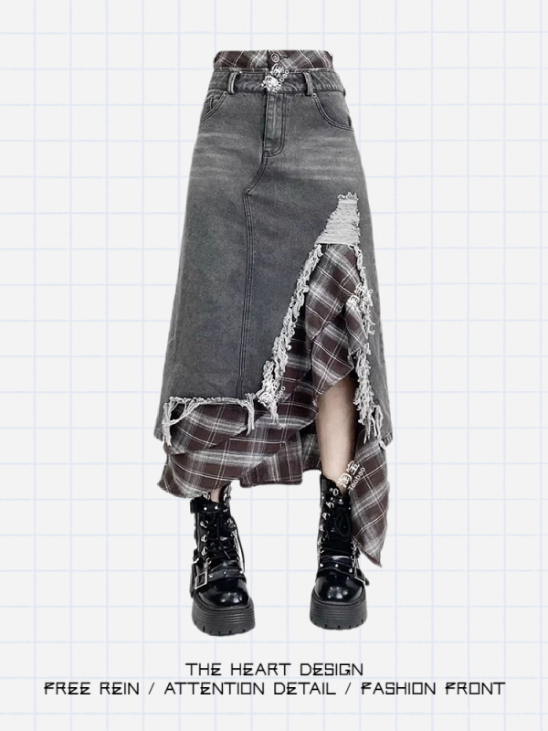 Vintage plaid slit long skirt - Image 1