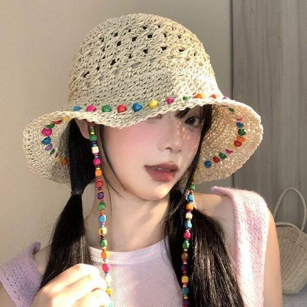 New Hyuna style colorful wooden bead straw hat - Image 2