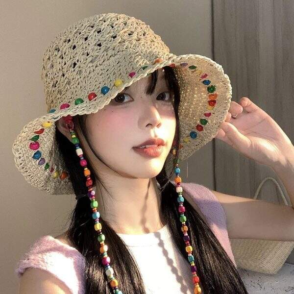 New Hyuna style colorful wooden bead straw hat - Image 3