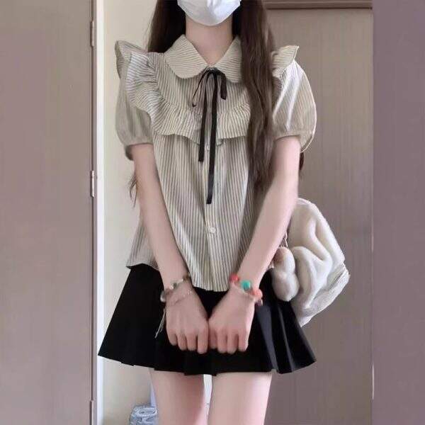 Short-sleeved babydoll collar shirt with bow tie - Image 3