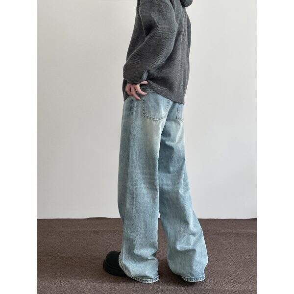 Blue washed wide leg jeans for men - Image 4