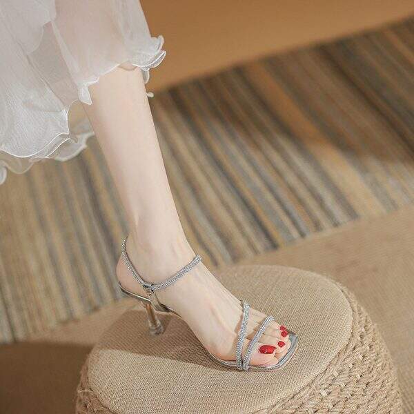 Silver diamond studded high-heeled sandals - Image 2