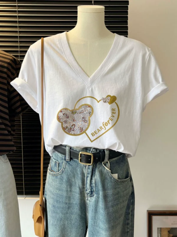 European cotton V-neck short-sleeved T-shirt for women - Image 2