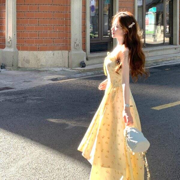 French yellow long skirt dress - Image 1