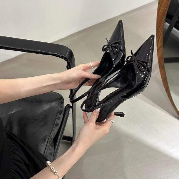 Sweet pink bow decoration square high-heeled sandals - Image 4