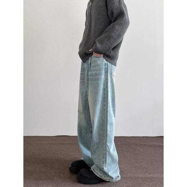 Blue washed wide leg jeans for men - Image 2