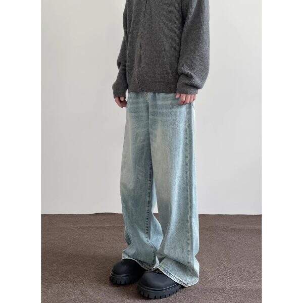 Blue washed wide leg jeans for men - Image 5