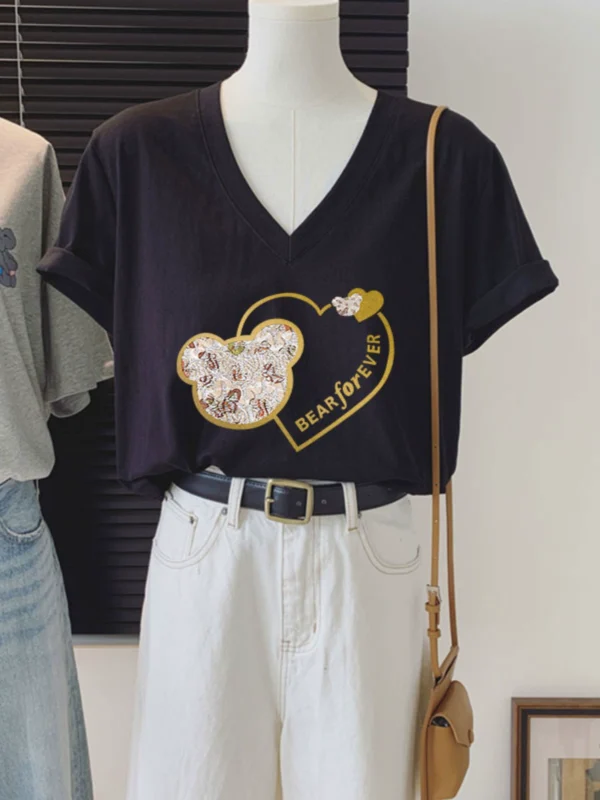 European cotton V-neck short-sleeved T-shirt for women - Image 5