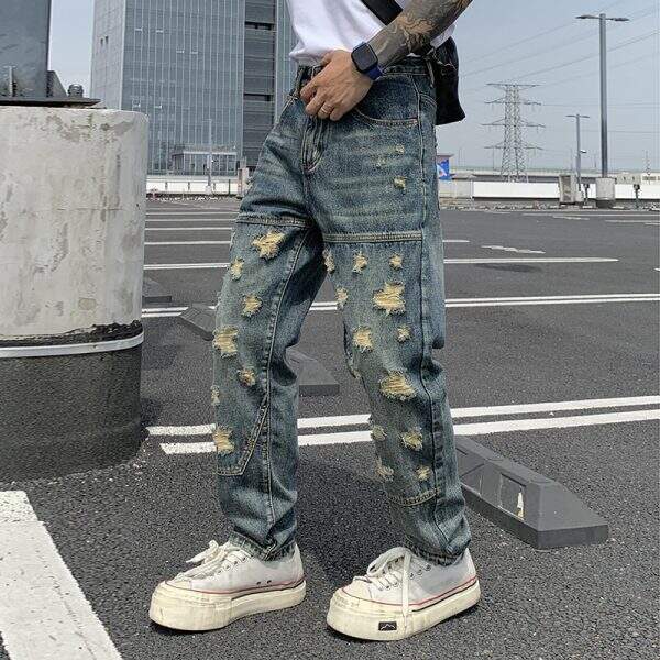 Amikaji summer ripped denim pants men ins - Image 3