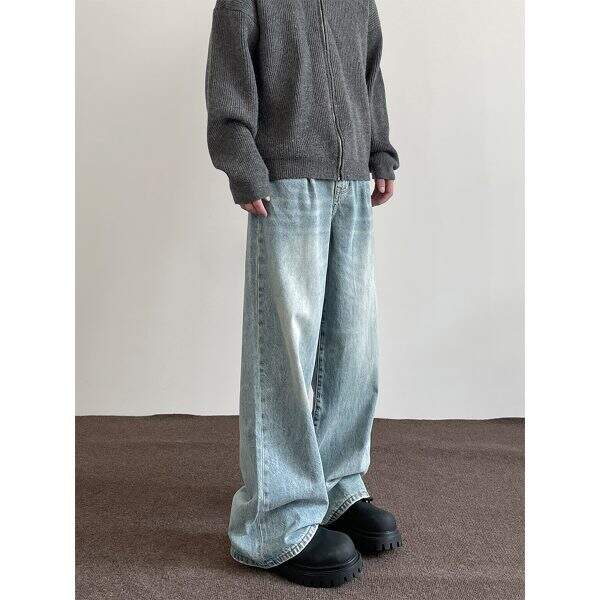 Blue washed wide leg jeans for men - Image 1