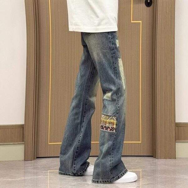 Ethnic style patchwork denim jeans for men - Image 2