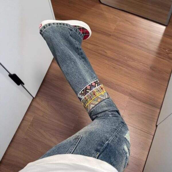 Ethnic style patchwork denim jeans for men - Image 1