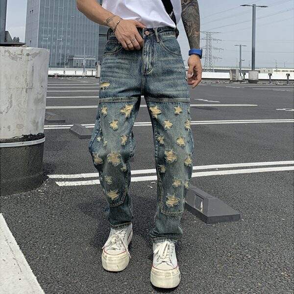 Amikaji summer ripped denim pants men ins - Image 2