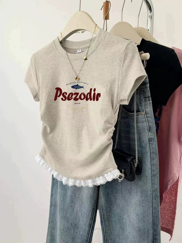 Grey shoulder lace short sleeved t-shirt for women - Image 4