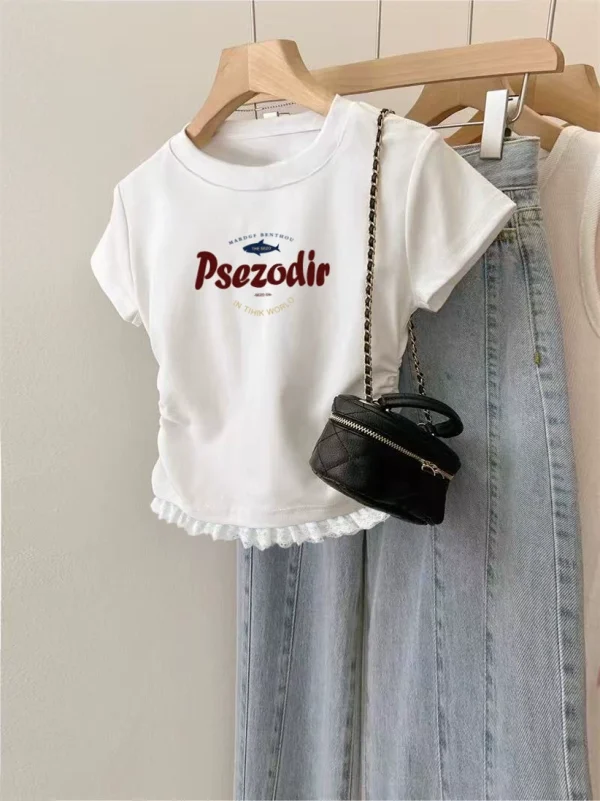 Grey shoulder lace short sleeved t-shirt for women - Image 3