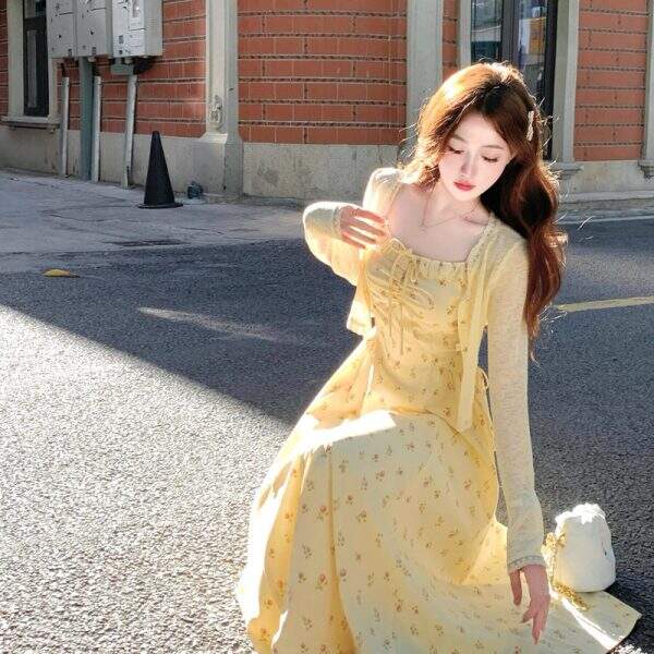 French yellow long skirt dress - Image 5