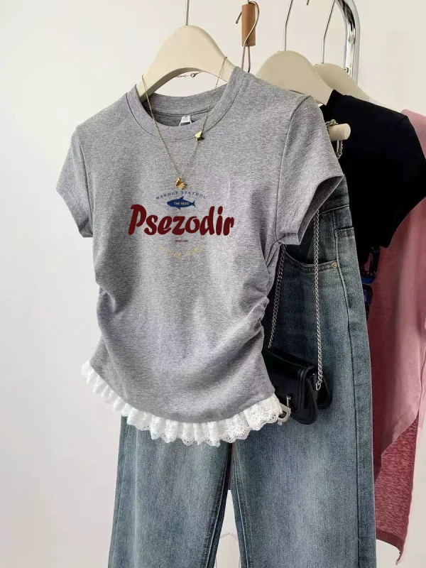 Grey shoulder lace short sleeved t-shirt for women - Image 1