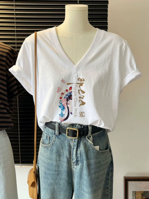 European cotton V-neck short-sleeved T-shirt for women - Image 3