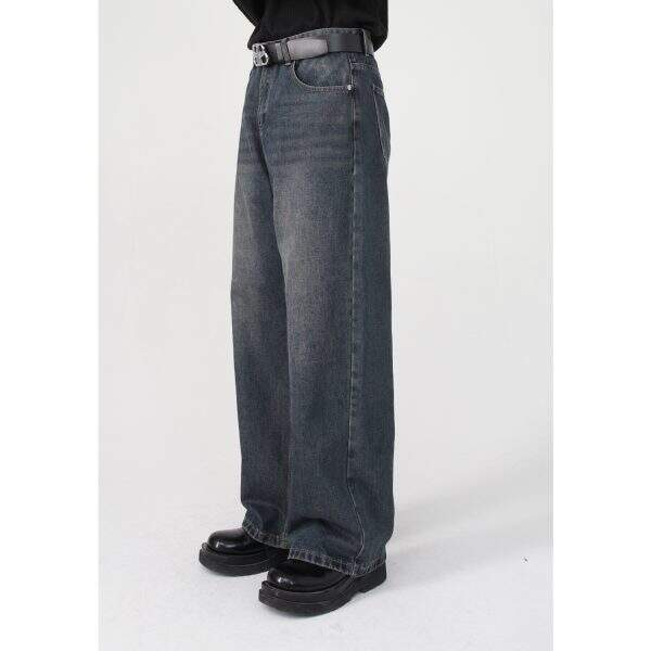 Straight washed denim jeans with loose ins style - Image 1