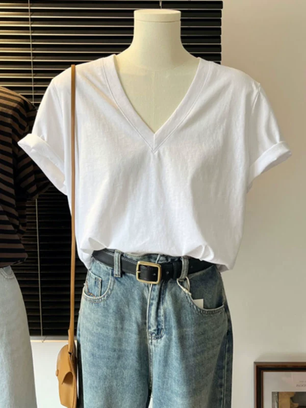 European cotton V-neck short-sleeved T-shirt for women - Image 1