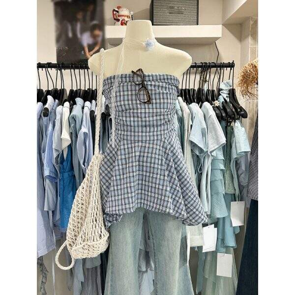 Slim fit sleeveless vest in blue plaid pattern - Image 1