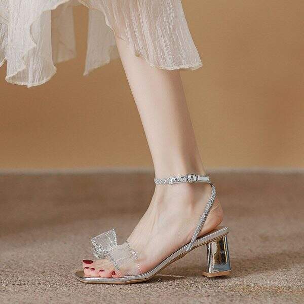 Pearl decorated coarse heeled sandals - Image 2