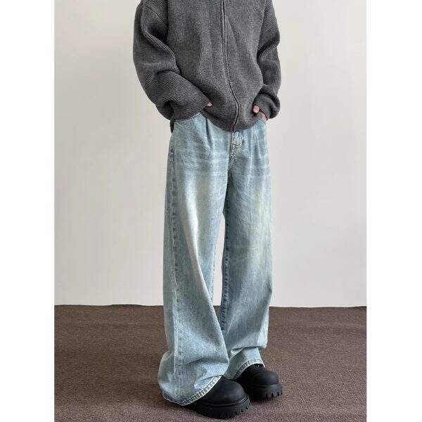 Blue washed wide leg jeans for men - Image 3