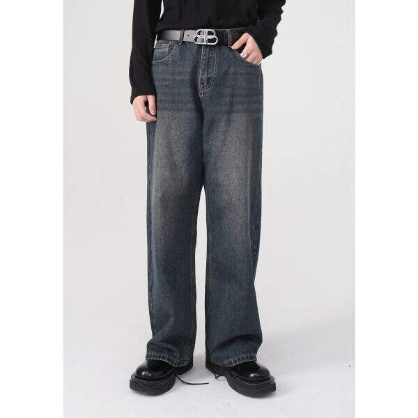 Straight washed denim jeans with loose ins style - Image 2