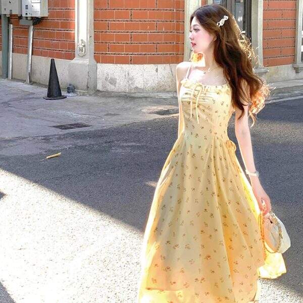 French yellow long skirt dress - Image 4