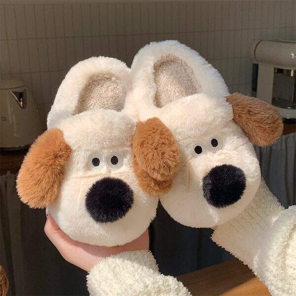 Dog plush cotton slippers with toe caps - Image 1