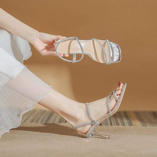 Silver diamond studded high-heeled sandals - Image 3