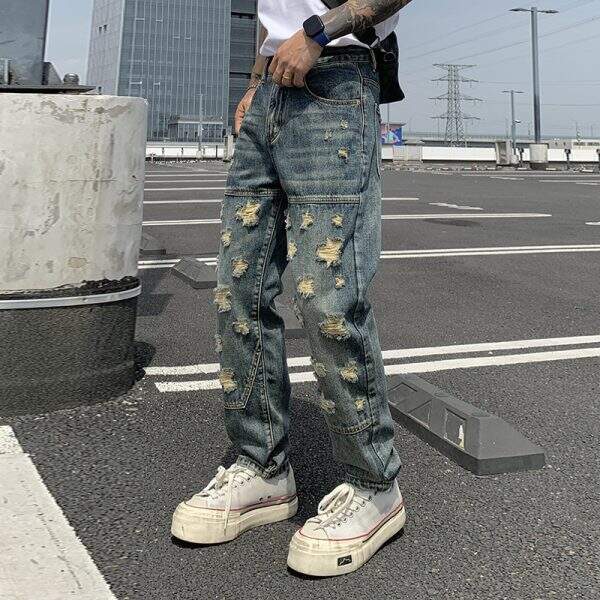 Amikaji summer ripped denim pants men ins - Image 1