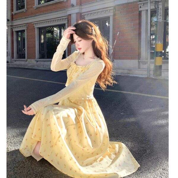 French yellow long skirt dress - Image 2